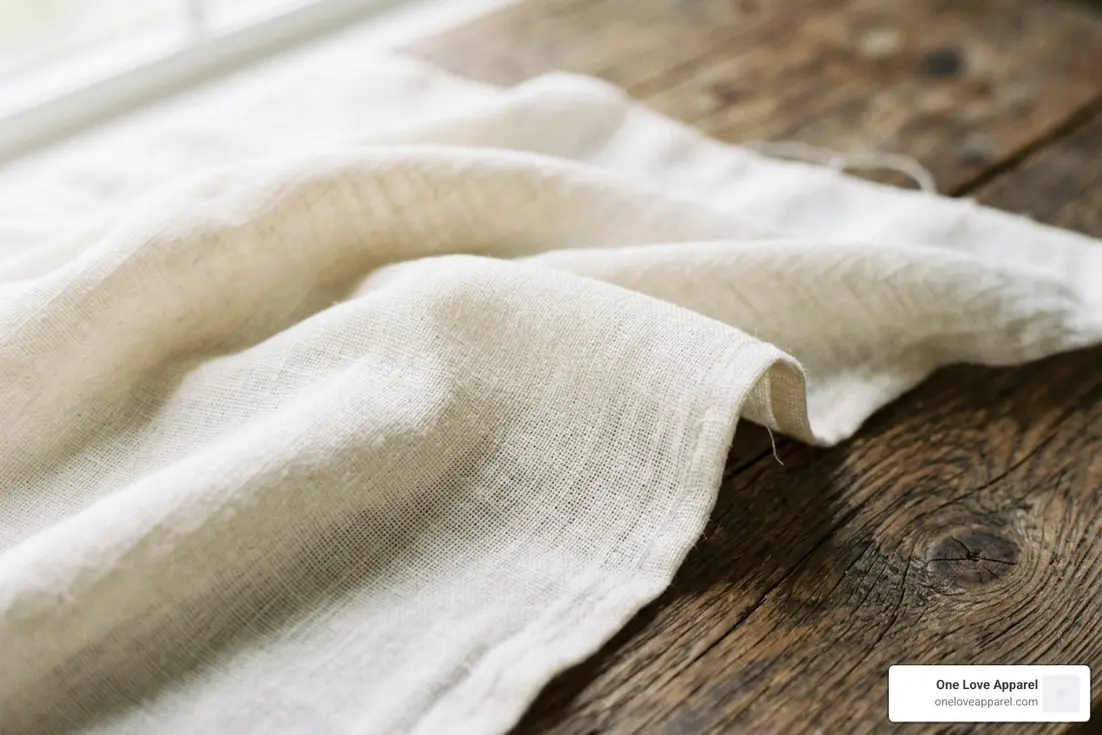 White wrinkled fabric draped across a rustic wooden tabletop.