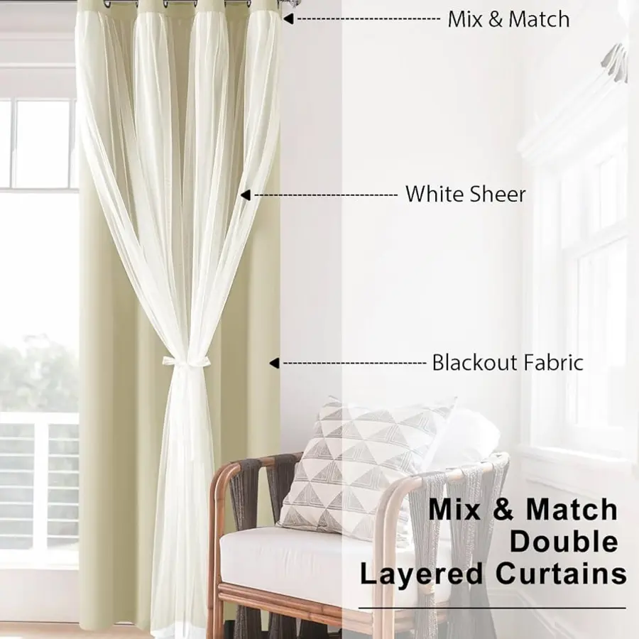 Layered white sheer and blackout curtains tied back beside a chair, with labels indicating mix-and-match construction.