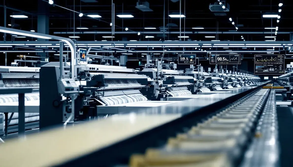 High-tech textile manufacturing facility with automated machines and digital displays.